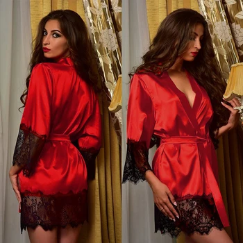 

Fashion New Ladies Women Lace Long Sleeve Sleepdress Robe Satin Night Dressing Gown Sleepwear Bathrobe Kimono