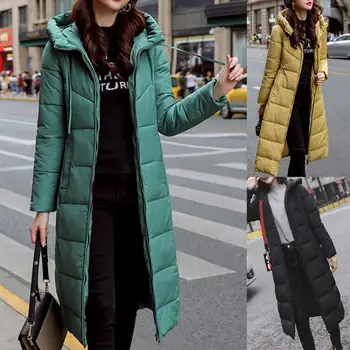 

Casual Women Winter Solid Color Hooded Thickened Warm Sliming Long Cotton Coat women Feather Down Coat Thin Light Jackets