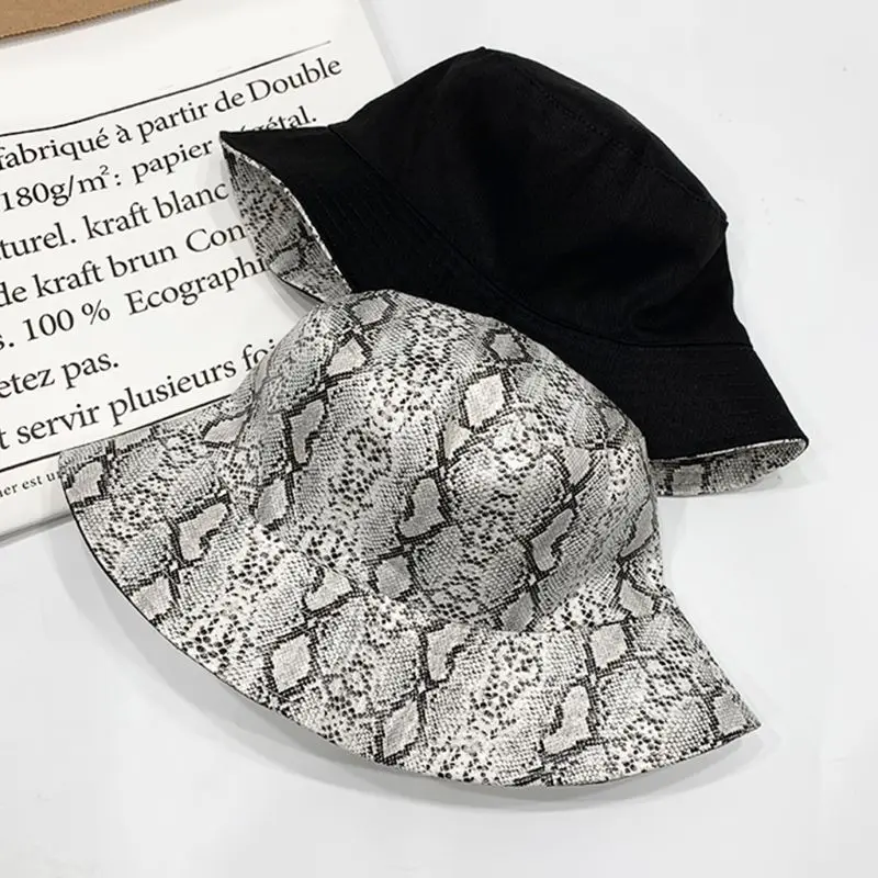 Харадзюку, унисекс, искусственная кожа, Панама, Ретро стиль, змеиная кожа, 3D печать, двухсторонняя двусторонняя, двусторонняя, складная, хип-хоп, Рыбацкая шапка