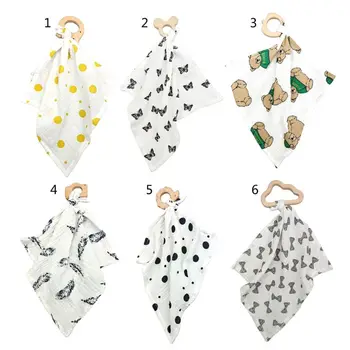

Baby Bibs Cotton With Wooden Teether Rodent Animals Newborn Soft Triangle Towel