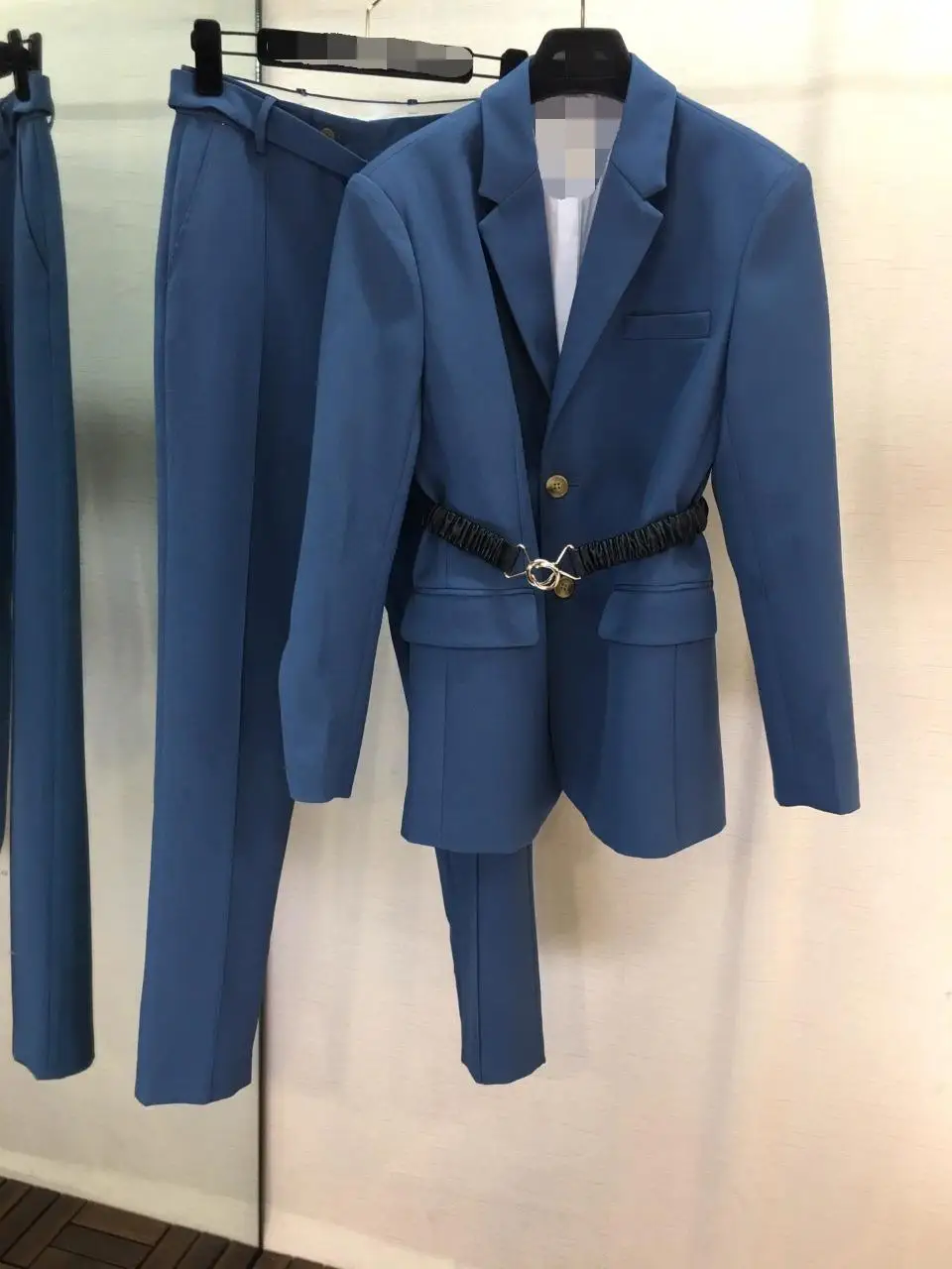 

2019 autumn new women's jacket with elastic leather belt fashion dark blue casual suit 0724