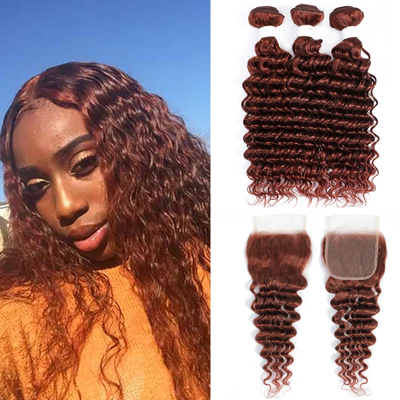 Hair-Weave-Bundles Closure Human-Hair Auburn Deep-Wave Remy Brazilian KEMY Brown