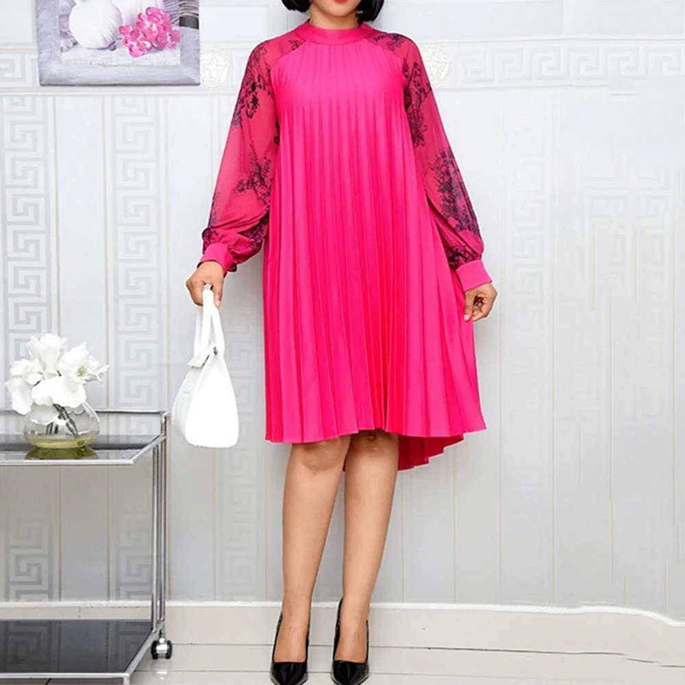 tie neck rose red long sleeve pleated dress