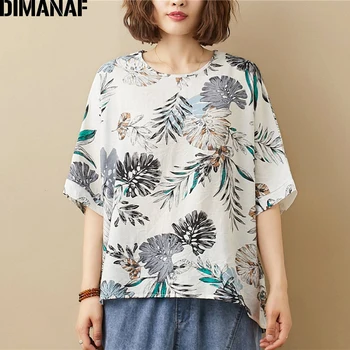

DIMANAF Summer Plus Size T-Shirts Women Clothing Casual Lady Tops Tees Tunic Shirts Cotton Linen Print Floral Loose tshirt 2020