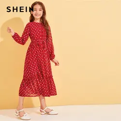 SHEIN Kiddie/милое красное платье в горошек с оборкой и поясом для девочек 2019 г., осенние длинные платья с длинными рукавами и рюшами