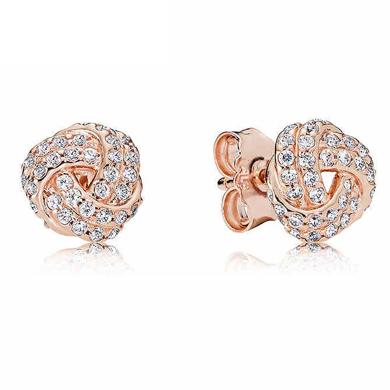 

Authentic 925 Sterling Silver Earring Rose Sparkling Love Knot With Crystal Stud Earrings For Women Wedding Gift Diy Jewelry
