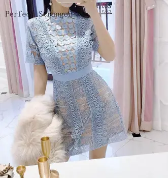

High Quality Party Queen 2020 Summer New Arrival Stand Collar Flower Lace Hollow-out Women Dress