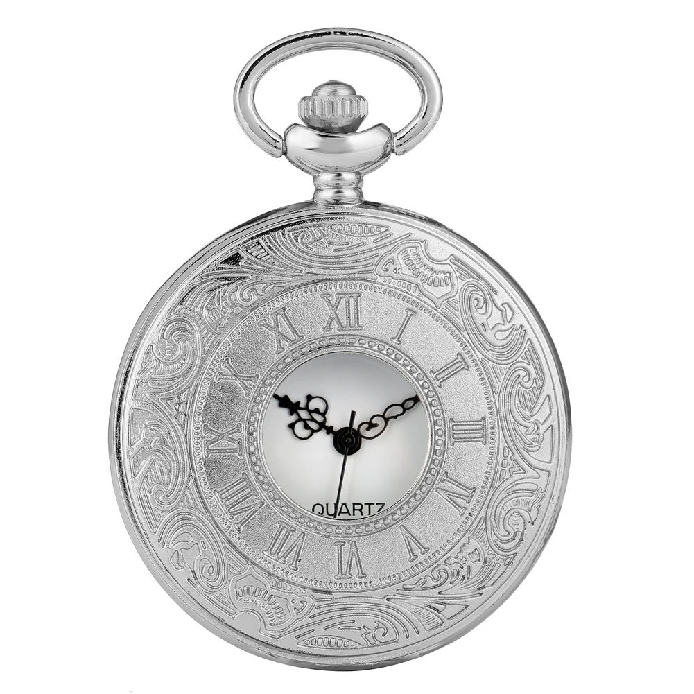 Карманные часы с серебряным покрытием, Классические полуполые часы с римскими цифрами, чехол, карманные часы из сплава, тонкие Подвесные часы с цепочкой