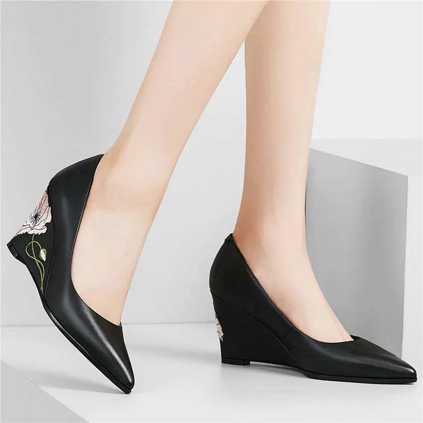 Womens Genuine Leather Wedges High Heel Evening Party Pumps Slip On Pointed Toe Oxfords Low Top Wedding Mary Janes Casual Shoes