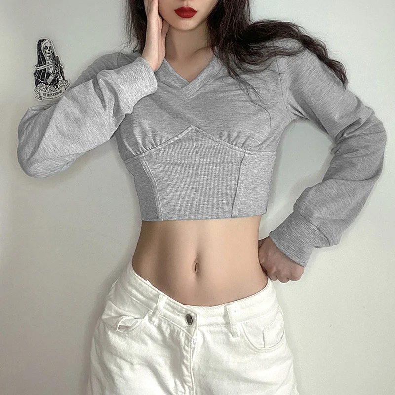 

Casual Patchwork Female Autumn Pullover 2020 Chic Korean Version Pure V-Neck Hoodies Simple Activity Woman Crop Top Basic