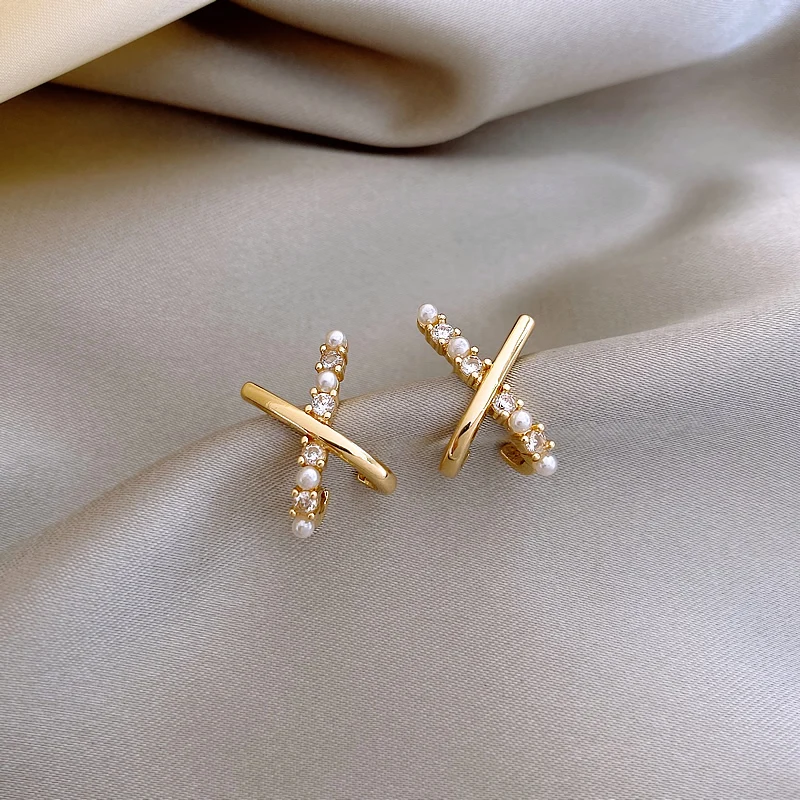 Design Sense Korean Exquisite and Small Cross Shaped Pearl Earrings Fashion - Image 5