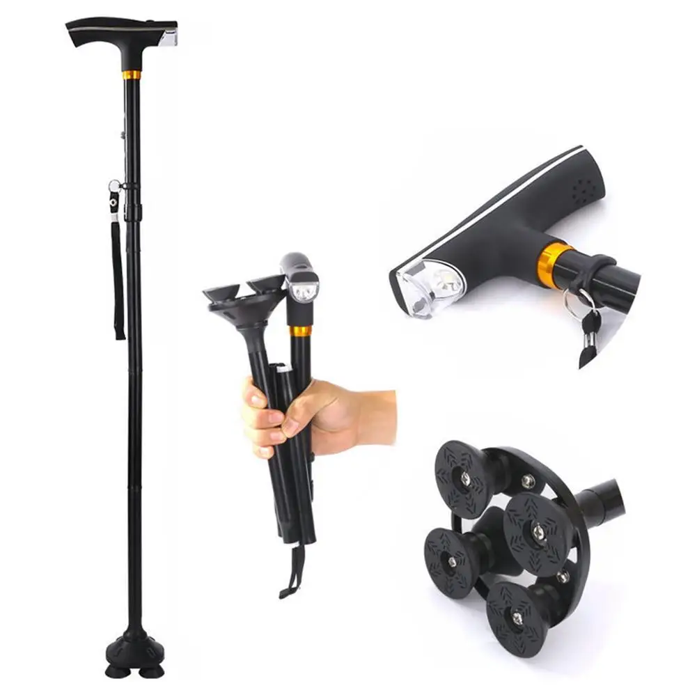 LED Light Walking Stick For Old Man Telescopic Folding Trekking Poles T-handle Hiking Poles Cane Walking Stick For Elders Crutch