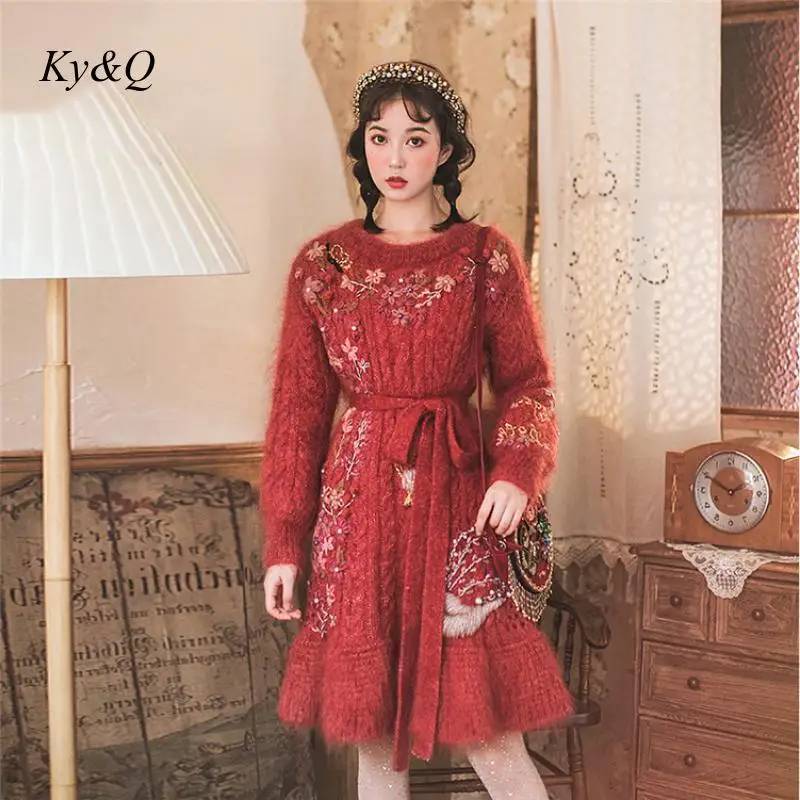 Brand Design Winter Sweet Women Red Swan Embroidered Luxury A-line Dresses O-Collar Ladies Knit Sweater Dress Party Clothes 2021 | Женская