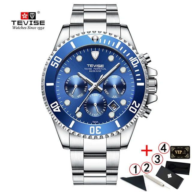 silver-blue-box Tevise механические Роскошные модные часы Мужские автоматические часы мужские деловые водонепроницаемые наручные часы Montre Homme - Цвет: silver-blue-box