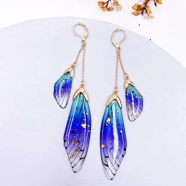 Fairy Resin Butterfly Earrings for Women Shining Crystal Flake Double Wing Long Drop Earrings Ladies Wedding Party Jewelry 2020 GF-Blue