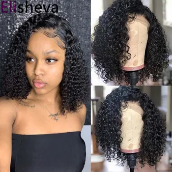 

Short Curly Human Hair Wigs With Bangs Bob Wigs Peruvian Curly Closure Wig 13X4 Lace Front Bangs Curly Human Hair Wig For Women