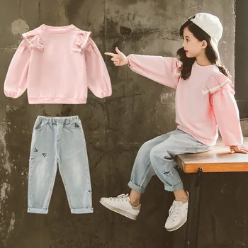 

Girl Set Spring Autumn 2020 Children Clothes O-neck Sweatshirts + Loose Jeans Trouers Teenage Cartoon Outfits Baby Tracksuit New