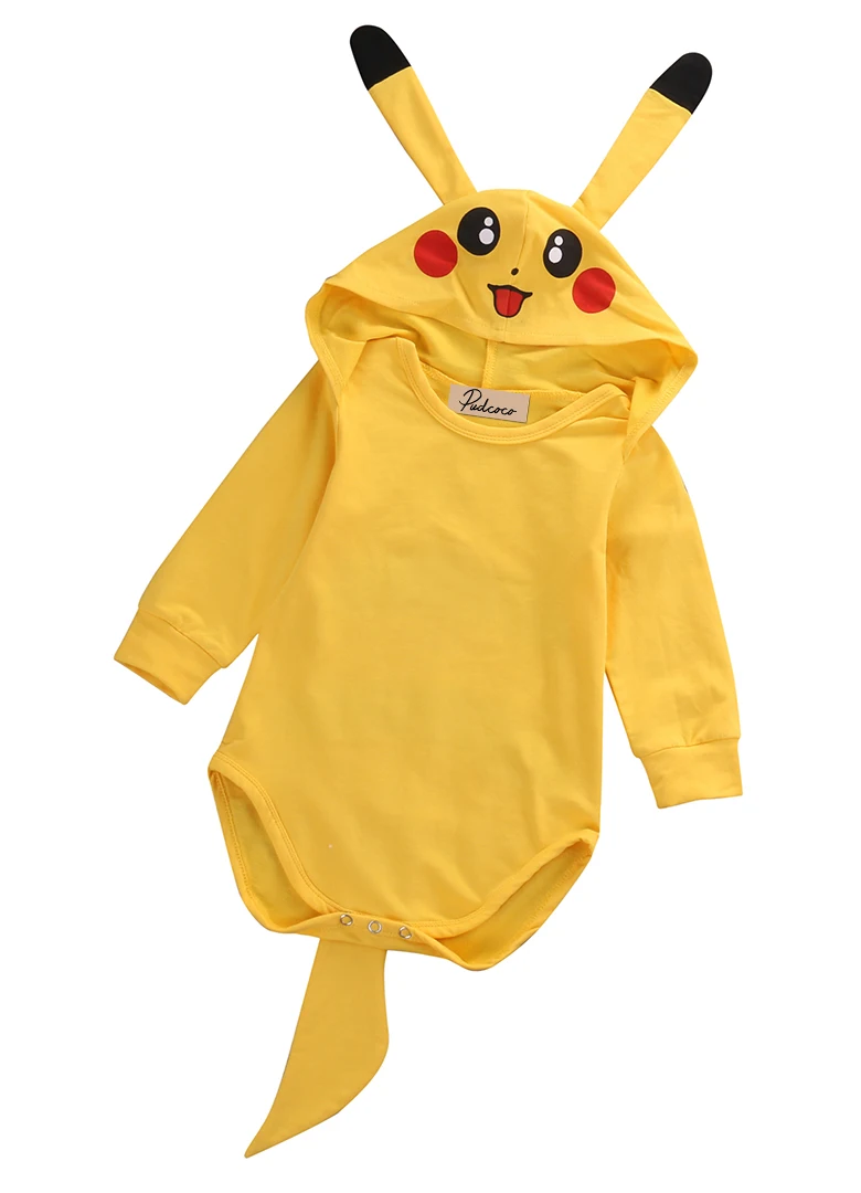 Cartton Pikachu милый детский комбинезон для новорожденного боди одевать одежду Желтый 3D Ухо HoodieTail Pokemo костюм косплей
