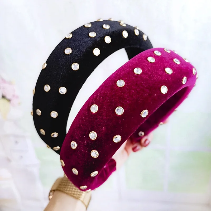 Europe And America Exaggeration Sponge Large Rims Hair Bands Thick Gold Velvet Man-made Diamond Headband C571
