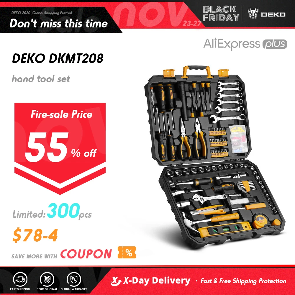 DEKO 208 шт. профессиональный набор инструментов для ремонта автомобиля гаечный