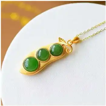 

Silver inlaid natural Hetian Jasper lotus bean plant Pendant Necklace retro fresh Bohemian women's Christmas Halloween Gift