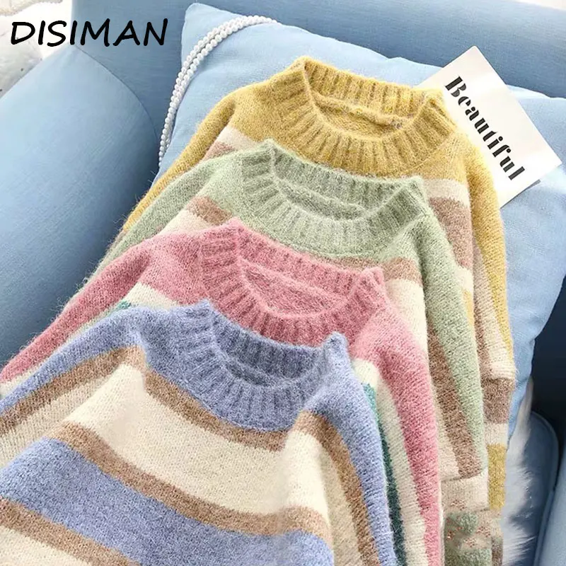 

autumn winter casual high quality knitted rainbow sweater woman clothes harajuku striped fuzzy sweater pullover women streetwear