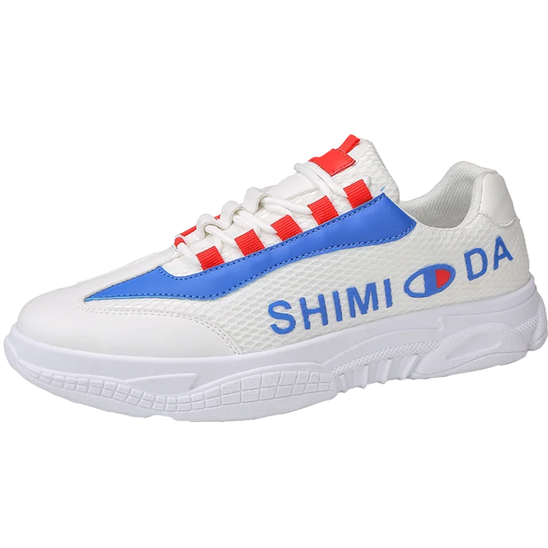 white and blue Молодежная обувь для бега на четыре сезона, спортивная обувь высокого качества, легкая дышащая прогулочная обувь, нескользящая обувь на плоской подошве - Цвет: white and blue