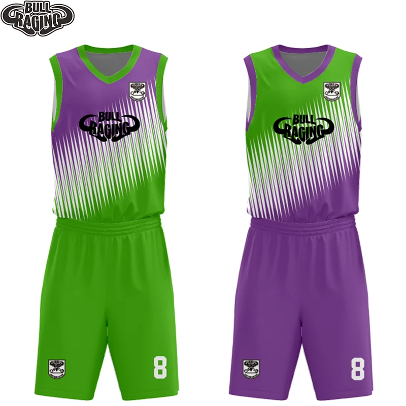 

Red Blue Green Purple Orange Color Custom Reversible Basketball Sets Shirts And Shorts