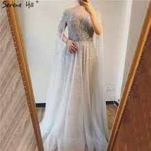 Серен Хилл серебристо-серое роскошное платье с длинным рукавом для выпускного вечера о-образный вырез А-силуэт шаль сексуальное официальное вечернее платье CLA60869