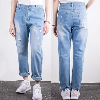 

Mom Jeans Light Blue Plus Size Loose High Waist Ankle-length Cargo Pants 2019 New Autumn Hole Zipper Pockets Jeans Feminina JD45