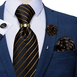 Luxury Gold Striped Black Silk Ties For Men Business Wedding Neck Tie Set With Tie Ring Brooch Pin Men's Cufflinks Pocket Square