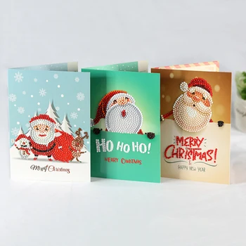 

New Merry Christmas Cards Santa Elk DIY Diamond Painting Handmade Card Round Drill Greeting Cards Rhinestones Embroidery