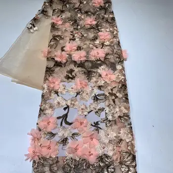 

newest pretty 8 color option net fabric african beaded tulle net lace JOY-31302 african 3d flower lace fabric for party dress