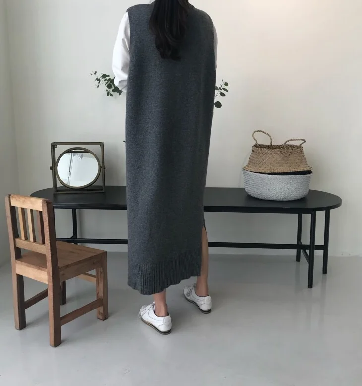 side split Warm Women Autumn Winter Long Sweater Knitted Sundress Loose o neck Sleeveless long vest Dresses Robe Femme Vestido