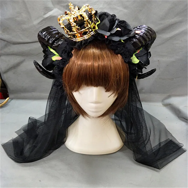 Черные ведьмы вамп Готический рог цветок Корона Hairband Хэллоуин Коктейльные Вечерние женские головные уборы необычные косплей аксессуары для волос