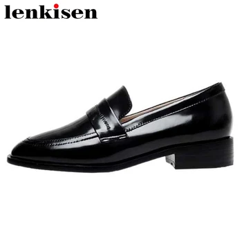 

Lenkisen hot sale black loafer genuine leather round toe med heel shoes women young lady deep mouth slip on simple pumps L78