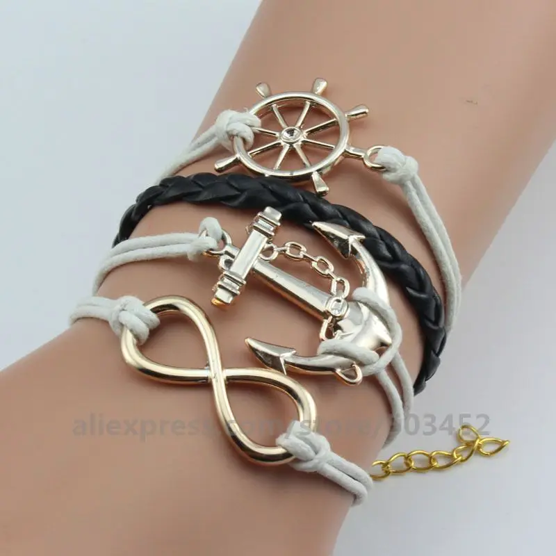 black silver 200 шт/партия модный браслет со штурвалом плетеные оптовые браслеты женские якорь и 8 браслет корейские Бархатные ювелирные изделия из веревки Feminino - Окраска металла: black silver