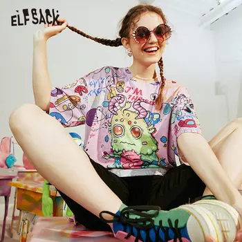 

ELFSACK Pink Monster Print Casual Women Harajuku T-Shirts 2020 ELF Summer Vintage Graphic Ladies Korean Daily Unique Tops