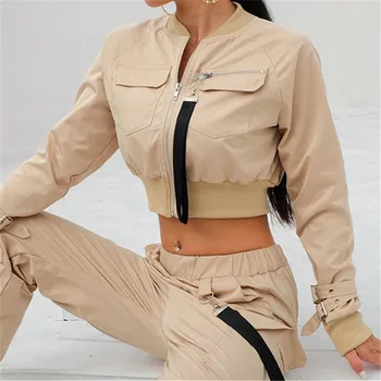 

YYXZ Spring Jackets Fashion Slim Solid Color Pockets Long Sleeve SML Zipper 2 Colors Woman Casual Short Cargo Jacket Crop Top