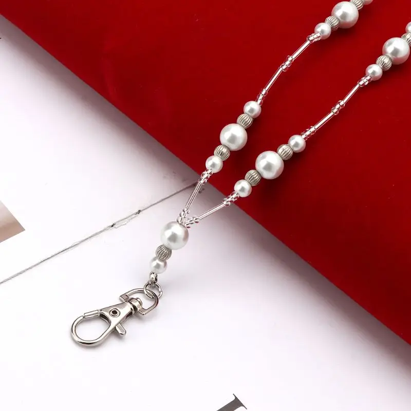 Hidden Hollow Beads White Pearls Beaded Lanyard ID Badge Holder Pendant Necklace K3ND