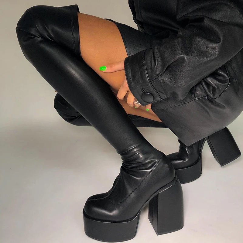 

Sexy Black Over The Knee Boots Women High Heels Chunky Platform Shoes Women Winter Boots Zipper Elastic Leather Botas de mujer