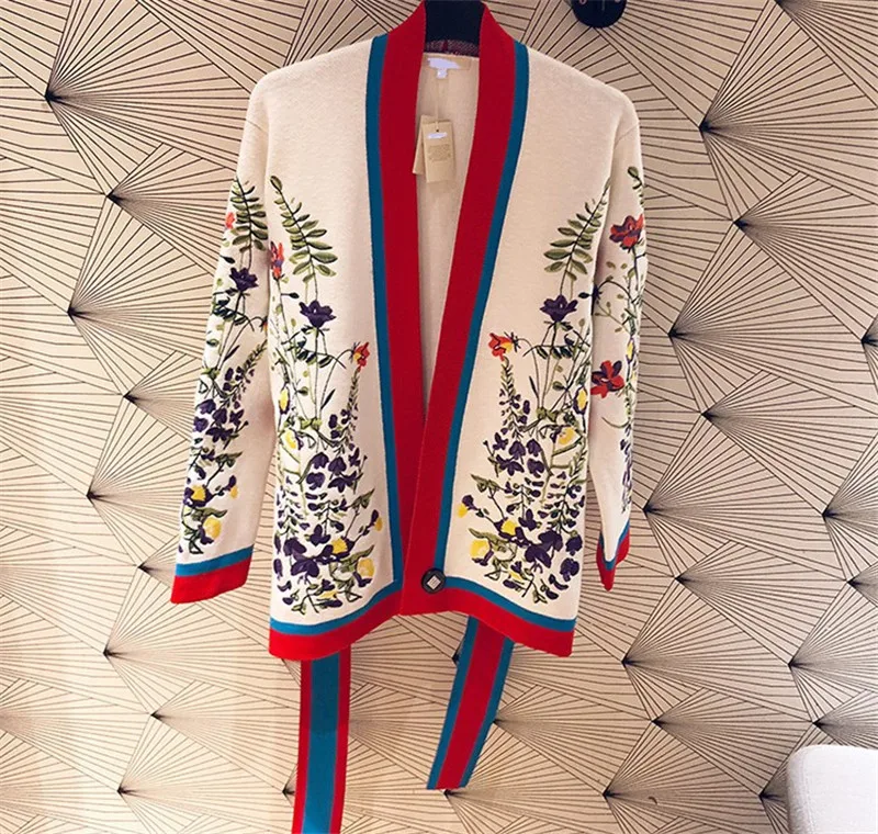 

2019 Autumn Winter Luxury Women Sweater Cardigans with Belt Brand Designer Floral Print Lady Knit Sweaters Jumper Coat Clothes