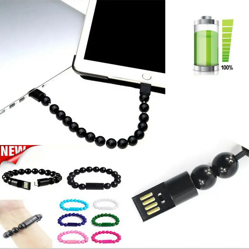 Wearable Bracelet Charger Cable Data Charging Jewelry Beads Wrist Band Outdoor Portable Sync Cord For iPhone Micro USB Type C