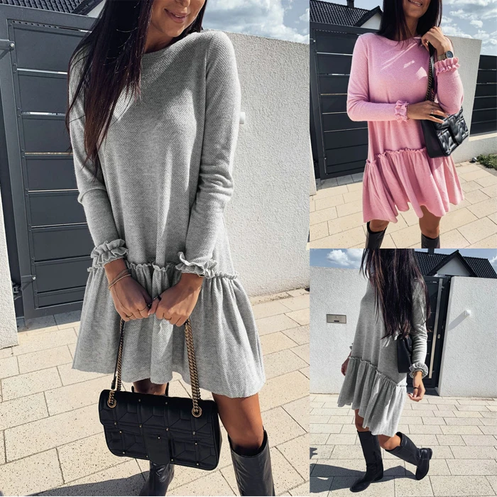 Стильное женское Короткое мини-платье с круглым вырезом на весну и осень, Повседневный пуловер с длинным рукавом, винтажное базовое свободное платье, джемпер, одежда