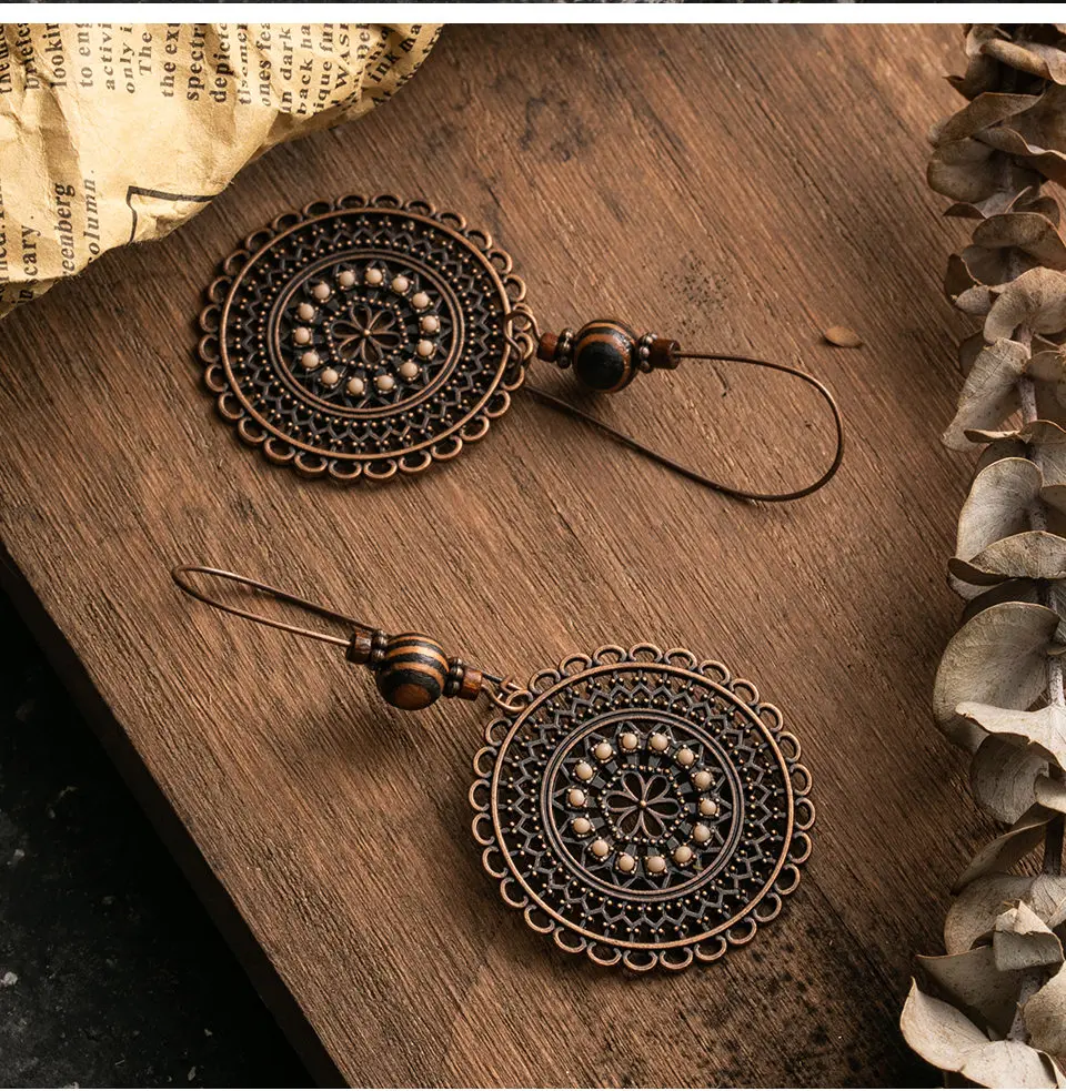 Vintage Hollow Ethnic Round Suspension Hanging Earrings For Women Female's Drop Ear Ornaments Wedding Jewelry Accessories Gifts