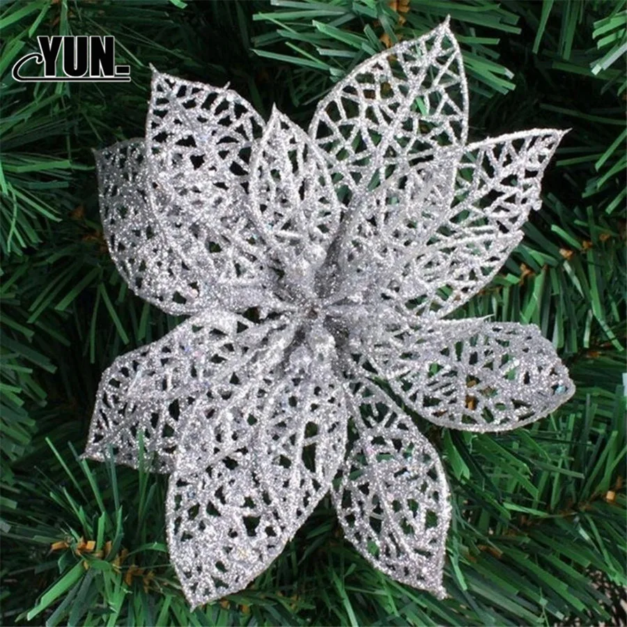 Artificial Hollow Flowers Beautiful Ornament Hanging on The Christmas Tree Wedding Christmas Valentine's Day Decorations 7D - Цвет: silver