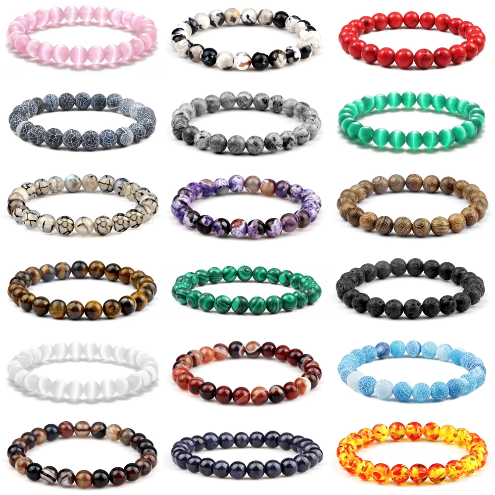Men women energy beaded bracelet 8mm natural tiger eye stone lava rock agates stretch bangle yoga healing jewelry gift