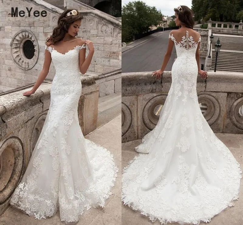 Romantic Lace Mermaid Wedding Dresses 2020 Sheer Neck Cover Button Back Applique vestido de noiva Long Bridal Dresses Custom