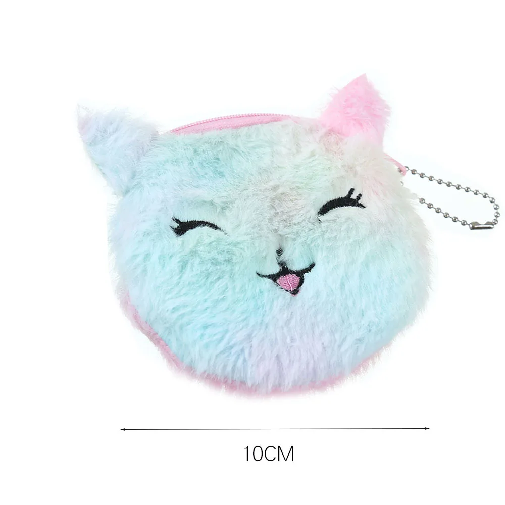 Cute Cartoon Plush Unicorn Coin Purse Cat Fur Circle Wallet Girl Clutch Embroidered Bag Key Earphone Organizer Bags Kids Gift