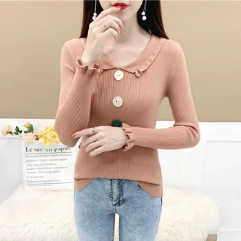 

White Sweater Korean Style Turn-down Collar Knitted Pullover Women Autumn Winter Slim Fit Button Solid Color Sweaters Hot
